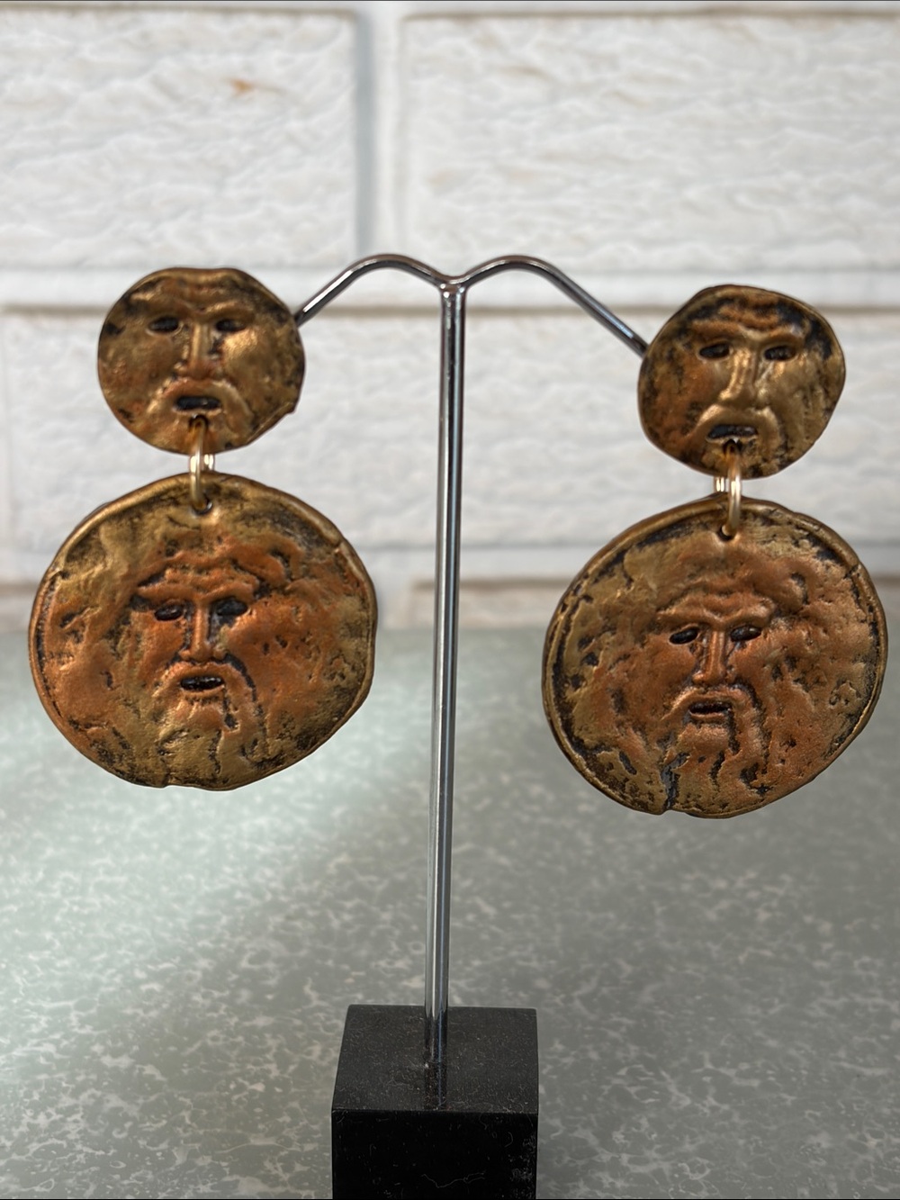 Handcrafted Artisan Primitive Face Double Drop Earrings – Rustic Hammered Mixed